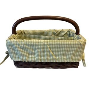 Pottery Barn Woven Wicker Caddy Basket Green Gingham Liner Wood Handle Organizer